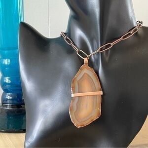Handmade Necklace Copper Wrapped Agate Cream Yellow Pendant Paperclip Chain